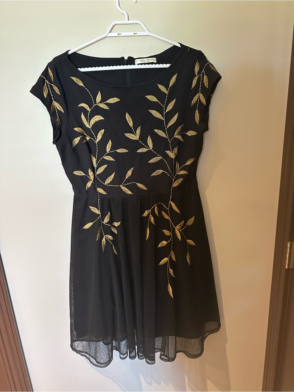 eshakti Black Mini Dress with Gold Leaf Embroidery